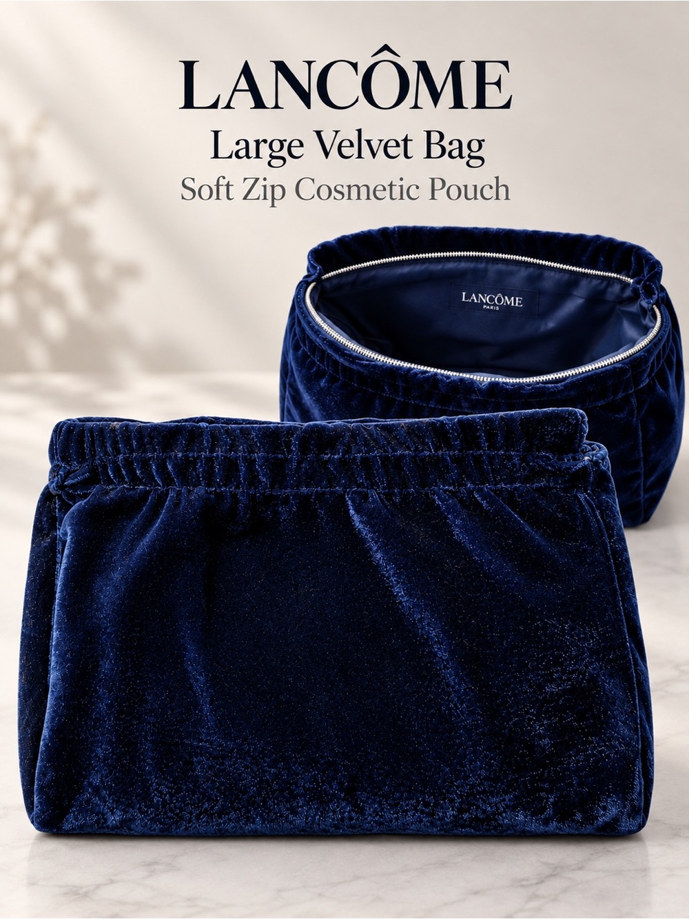 Lancôme Large Navy Velvet Makeup Bag Cosmetic Travel Pouch 11x7.75
